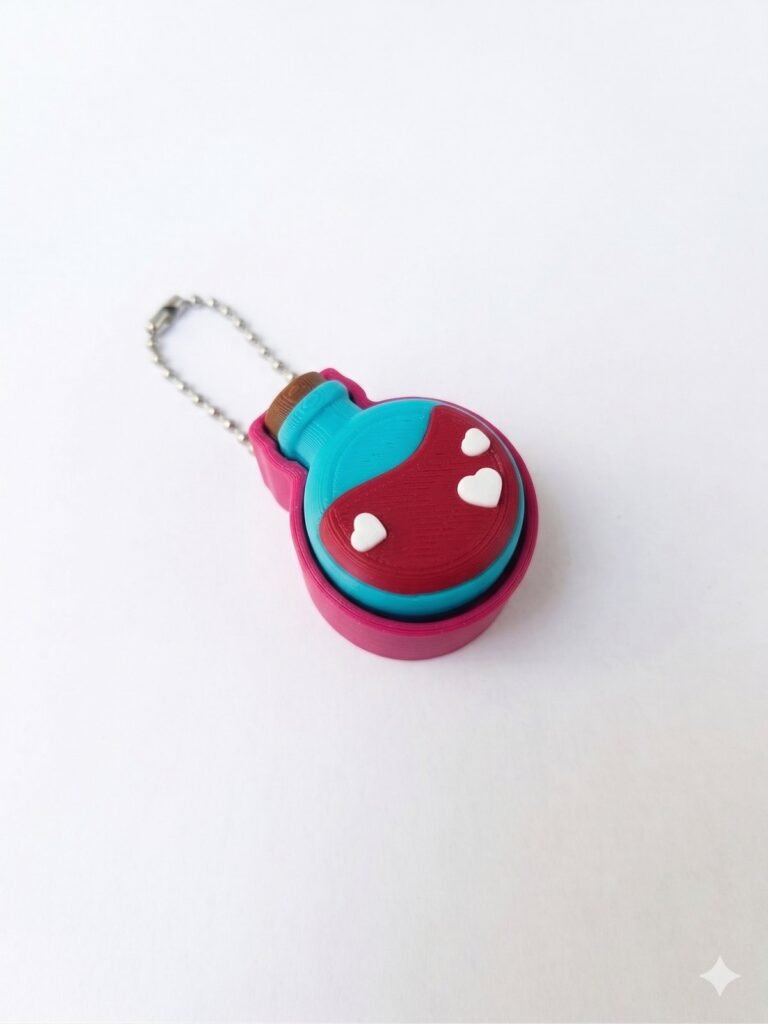Llavero clicker poción de amor kawaii fucsia y turquesa con corazones
