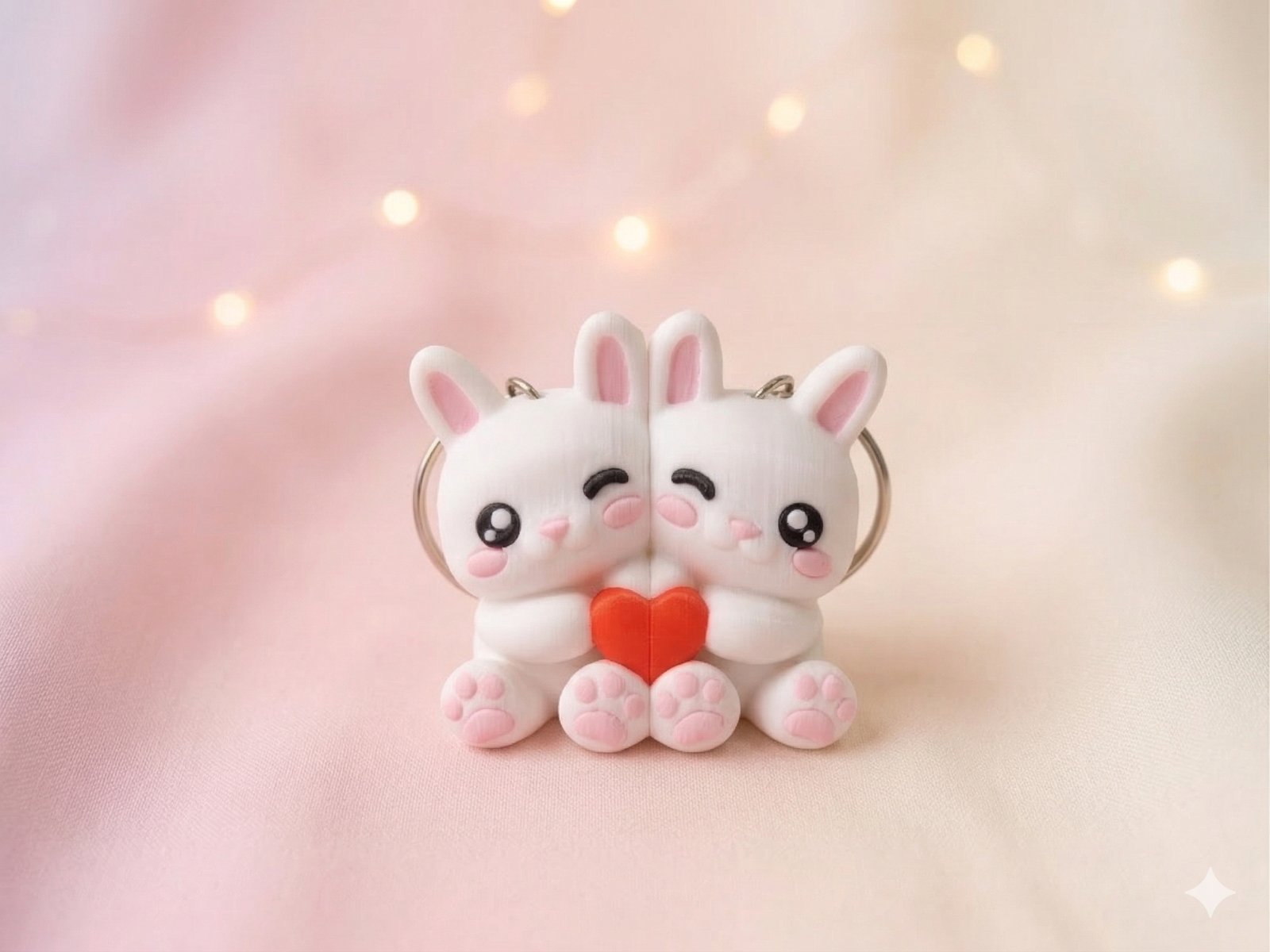 Llaveros conejitos kawaii magnéticos unidos formando un corazón rojo