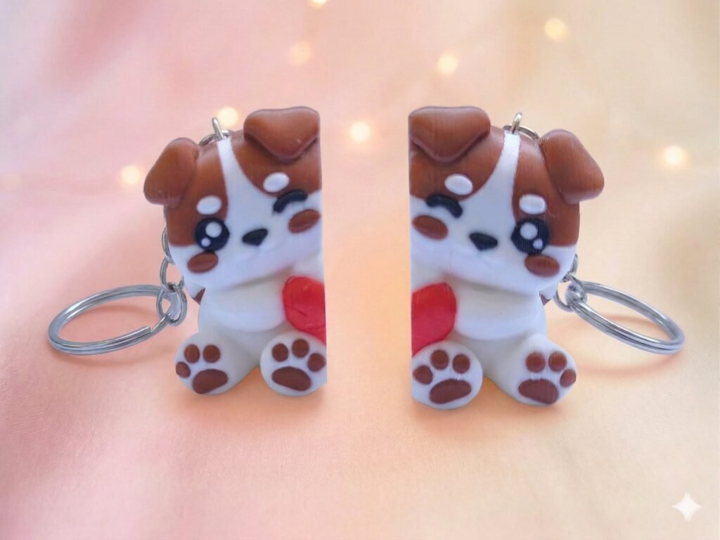 Llaveros perritos kawaii magnéticos para parejas sobre fondo rosado